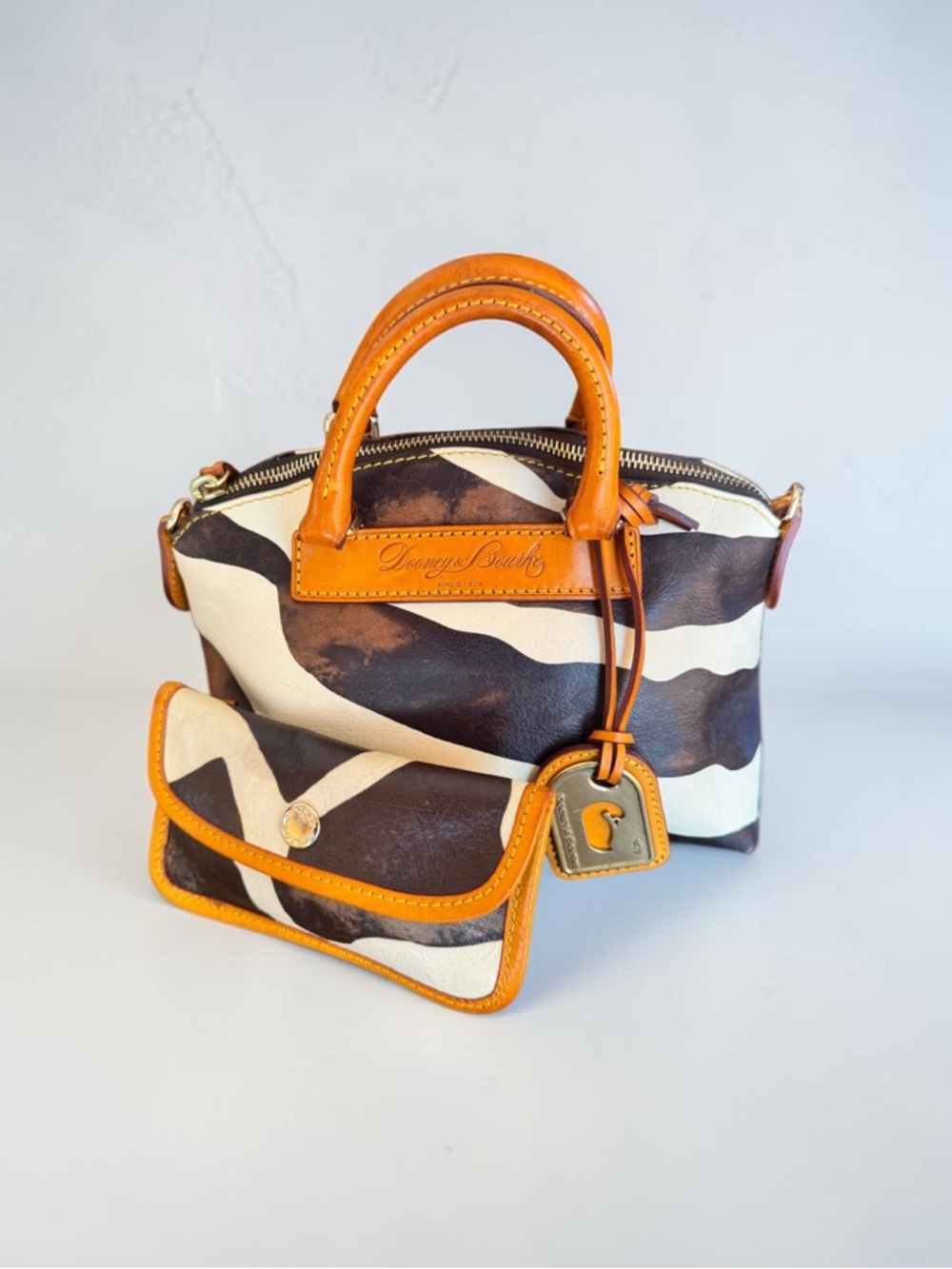 Vintage Luxury Dooney & Bourke Zebra Print Leather Satchel With Wallet Set